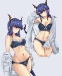  1girl absurdres arknights bare_shoulders blue_bra blue_hair blue_panties bra breasts casperrin ch&#039;en_(arknights) cleavage commentary cropped_legs dragon_horns dragon_tail english_commentary grey_background head_tilt highres horns large_breasts long_hair looking_at_viewer low_twintails multiple_views navel off_shoulder open_clothes open_shirt panties red_eyes shirt sidelocks simple_background smile standing stomach tail thighs twintails underwear white_shirt 