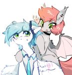  ambiguous_gender bat_pony bat_wings blue_hair bodily_fluids duo ear_piercing ear_tuft equid equine eyelashes fan_character feathered_wings feathers feral fur green_eyes grey_body grey_fur hair hasbro hi_res inner_ear_fluff mammal membrane_(anatomy) membranous_wings my_little_pony pegasus piercing red_hair short_hair swaybat sweat tuft white_body white_fur wings 