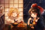  2girls ascot basket blanket blonde_hair blush bow brown_eyes brown_hair chopsticks closed_mouth commentary cup dot_nose eating food frilled_bow frills fruit hair_bow hair_tubes hakurei_reimu highres holding holding_chopsticks indoors kirisame_marisa kotatsu kozumi_(tokuni_naitteba) looking_at_another mandarin_orange maneki-neko medium_hair multiple_girls no_hat no_headwear noodles nose_blush one_eye_closed open_mouth ramen red_bow red_vest sidelocks smile snowing steam table tempura touhou triangle_mouth upper_body vest window yellow_ascot yellow_eyes yunomi 