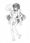  1girl alternate_costume bbb_(friskuser) clothing_cutout commentary dress eyebrows_visible_through_hair folding_fan fur_scarf girls_und_panzer graphite_(medium) greyscale hairband hand_fan hand_on_hip high_heels highres holding holding_fan long_hair looking_at_viewer monochrome navel_cutout open_mouth reizei_mako short_dress side_slit smile solo standing standing_on_one_leg strapless strapless_dress traditional_media 