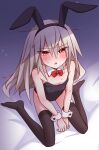  1girl animal_ears blush detached_collar elena_trafalgar fake_animal_ears flat_chest highres ikune_juugo long_hair looking_at_viewer no_shoes original playboy_bunny rabbit_ears red_eyes sitting solo sweat thighhighs wariza white_hair wrist_cuffs 