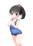  1girl black_hair blue_eyes blue_swimsuit blush bow covered_navel fukuyama_mai hair_bow hands_on_own_chest highres hosizora_mikoto idolmaster idolmaster_cinderella_girls long_hair name_tag old_school_swimsuit one-piece_swimsuit open_mouth own_hands_together ponytail ribbon school_swimsuit simple_background solo swimsuit thighs white_background 