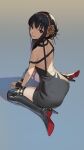  1girl absurdres ass bare_shoulders black_dress black_hair black_legwear breasts cleavage dress fingerless_gloves full_body gloves high_heels highres looking_at_viewer pekakiu red_eyes rose_hair_ornament seiza sidelocks sitting solo spy_x_family thighhighs yor_briar 