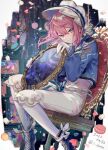  1boy blue_footwear bonnet chair closed_mouth cushion dated ensemble_stars! food gloves green_eyes himemiya_touri holding itamidome long_sleeves looking_at_viewer macaron on_chair otoko_no_ko pants petals pink_hair sitting solo twitter_username white_gloves white_legwear white_pants 