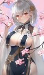  1girl absurdres azur_lane bangs blush braid branch breast_curtains breasts cherry_blossoms china_dress chinese_clothes cleavage dress flower garter_straps grey_dress gulu_qaq hair_flower hair_ornament highres large_breasts looking_at_viewer official_alternate_costume pelvic_curtain red_eyes revealing_clothes ribbon_between_breasts short_hair side_braid sirius_(azur_lane) sirius_(azure_horizons)_(azur_lane) solo white_hair 
