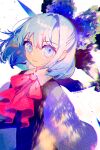  1girl ascot bangs black_vest blue_bow blue_eyes blue_hair bow cirno collared_shirt commentary expressionless eyebrows_visible_through_hair hair_between_eyes hair_bow hinasumire long_sleeves looking_at_viewer puffy_long_sleeves puffy_sleeves red_ascot shirt short_hair signature solo touhou upper_body vest white_shirt 