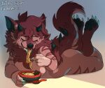  anthro blitzdrachin claws conditional_dnp dragon food horn hyaenid hybrid mammal monster noodles paws ramen 