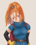  1girl arinsu_(kodamamaimai) barbara_(dq6) belt blue_dress breasts cape closed_mouth dragon_quest dragon_quest_vi dress earrings gloves high_ponytail highres jewelry long_hair looking_at_viewer orange_hair ponytail purple_eyes simple_background smile solo yellow_gloves 