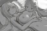  2girls breast_sucking breasts charlotte_e._yeager clothes_lift francesca_lucchini greyscale groin hair_between_eyes hand_on_another&#039;s_head hand_on_own_stomach large_breasts long_hair looking_at_viewer lying monochrome motsunukisuki multiple_girls navel on_back on_bed shirt_lift sketch smile strike_witches twintails world_witches_series yuri 