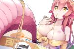 1girl bare_shoulders breasts chopsticks cleavage eating english_commentary food food_on_breasts hair_ornament hairclip holding holding_chopsticks hot_vr lamia large_breasts long_hair miia_(monster_musume) monster_girl monster_musume_no_iru_nichijou noodles pointy_ears ramen red_hair scales simple_background slit_pupils solo white_background yellow_eyes 