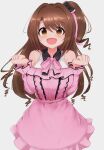  1girl :d brown_hair clenched_hands clothing_cutout dress eyebrows_visible_through_hair frilled_dress frills hair_intakes hands_up highres idolmaster idolmaster_cinderella_girls idolmaster_cinderella_girls_starlight_stage long_hair looking_at_viewer neck_ribbon one_side_up pink_dress ribbon shimamura_uzuki shoulder_cutout simple_background smile solo wavy_hair white_background yamikumo_rindo 