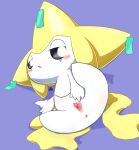  anthro anysone_leg_up blue_background blush bodily_fluids female genital_fluids genitals half-closed_eyes hi_res jirachi legendary_pok&eacute;mon lying narrowed_eyes nintendo on_side pok&eacute;mon pok&eacute;mon_(species) pussy pussy_juice sanusanu signature simple_background solo spread_pussy spreading video_games white_body 