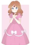  1girl bangs blue_eyes border bow brown_hair chocomiru crown dot_nose dress full_body jewelry looking_at_viewer medium_hair necklace pink_background pink_dress princess_zelda short_sleeves smile solo the_legend_of_zelda wavy_hair white_border 