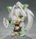  1girl animal_ears artist_name asymmetrical_legwear black_gloves black_shorts character_request chibi colored_tongue commission copyright_request crop_top eyepatch fang faux_figurine fingerless_gloves fishnet_legwear fishnets full_body garter_straps gloves green_eyes green_legwear green_tongue hair_intakes hand_fan highres holding holding_fan kneehighs long_hair mismatched_legwear nendoroid open_mouth ponytail second-party_source shiori2525 shorts single_kneehigh single_thighhigh smile solo thighhighs translation_request very_long_hair white_hair 
