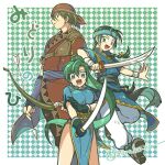  1girl 2boys arrow_(projectile) blue_dress bow_(weapon) dress fingerless_gloves fire_emblem fire_emblem:_the_blazing_blade gloves green_eyes green_hair guy_(fire_emblem) katana looking_at_viewer lyn_(fire_emblem) multiple_boys open_mouth pelvic_curtain rath_(fire_emblem) smile sorakaza sword trait_connection weapon 