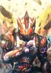  1boy armor belt black_feathers blood blood_stain blue_bodysuit bodysuit broken_helmet commentary feathers hand_on_own_chest helmet irisu_haniwa kamen_rider kamen_rider_amazon_neo kamen_rider_amazons male_focus orange_eyes red_eyes rider_belt shoulder_pads solo tokusatsu upper_body 