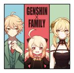  1boy 2girls :d aether_(genshin_impact) ahoge anya_(spy_x_family) anya_(spy_x_family)_(cosplay) bangs bare_shoulders black_border black_dress blonde_hair border breasts cleavage commentary_request cosplay dress genshin_impact green_jacket hair_between_eyes hair_cones hairband hand_up highres jacket klee_(genshin_impact) long_sleeves looking_at_another looking_at_viewer looking_to_the_side lumine_(genshin_impact) medium_breasts multiple_girls necktie open_mouth pointy_ears que_meng_meng red_necktie short_hair short_hair_with_long_locks smile spy_x_family twilight_(spy_x_family) twilight_(spy_x_family)_(cosplay) upper_body yellow_eyes yor_briar yor_briar_(cosplay) 