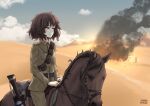  1girl akiyama_yukari artist_name belt black_belt blue_sky brown_eyes brown_hair closed_mouth cloud cloudy_sky commentary commission dated day desert english_commentary epaulettes frown girls_und_panzer green_jacket green_pants gun half-closed_eyes horizon horse horseback_riding jacket long_sleeves looking_to_the_side messy_hair military military_uniform nyaxxy outdoors pants pouch riding rifle sam_browne_belt short_hair signature sky smoke solo uniform weapon world_war_i 