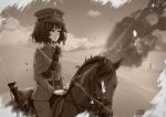  1girl akiyama_yukari artist_name belt closed_mouth cloud cloudy_sky commentary commission dated day desert english_commentary epaulettes frown girls_und_panzer gun half-closed_eyes hat horizon horse horseback_riding jacket long_sleeves looking_to_the_side messy_hair military military_hat military_uniform monochrome nyaxxy outdoors pants peaked_cap pouch riding rifle sam_browne_belt sepia short_hair signature sky smoke solo texture uniform weapon world_war_i 
