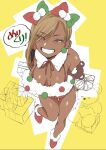  1girl bare_shoulders blonde_hair breasts breasts_apart butakun christmas dark-skinned_female dark_skin detached_collar full_body grin large_breasts long_hair looking_at_viewer original sagging_breasts santa_costume smile solo stuffed_animal stuffed_toy teddy_bear thighs translation_request 