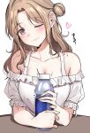  1girl ;) armpit_crease bangs blush bottle breasts brown_hair cleavage collarbone frilled_shirt_collar frilled_sleeves frills hair_bun head_tilt highres holding holding_bottle ichikawa_hinana idolmaster idolmaster_shiny_colors liu_chi_tiantang_fr looking_at_viewer motion_lines off-shoulder_shirt off_shoulder one_eye_closed parted_bangs shirt simple_background smile solo sweatdrop upper_body white_background white_shirt 