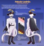  animal_humanoid anonymous_artist anthro belt blue_border boots border cape cat_humanoid clothing english_text felid felid_humanoid feline feline_humanoid footwear hat headgear headwear hi_res humanoid info katana male mammal mammal_humanoid melee_weapon model_sheet my_furry_art peludo_ladron reference_image solo sword text url weapon white_body yellow_feather 