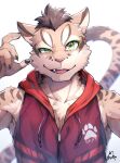  2022 anthro clothing deity felid feline green_eyes hi_res hoodie leopard_cat looking_at_viewer male mammal nekojishi open_mouth ponzu_tas prionailurus red_clothing red_hoodie red_topwear shu-chi signature simple_background solo studio_klondike topwear video_games visual_novel white_background young 