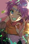  1girl coin green_eyes grin holding holding_sack money ok_sign one_eye_closed pink_background purple_hair sack scarf shirt short_hair signature simple_background smile solo sumeragi_(black_rose) sunlight tear_ring_saga upper_body yuni_(tear_ring_saga) 