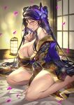  1girl bare_shoulders barefoot bed blurry blurry_background blush breasts butterfly_hair_ornament cleavage clothes_lift collarbone cover cover_page dogeza door ear_focus falling_petals gigantic_breasts hair_ornament hand_up highres huge_breasts japanese_clothes jintsu_riki kimono kimono_lift large_breasts lips long_hair looking_at_viewer looking_to_the_side mole mole_under_mouth no_bra novel_cover novel_illustration obi official_art open_mouth original petals pink_eyes purple_eyes purple_hair purple_lips sash shiny shiny_hair shiny_skin sitting sweat sweatdrop teeth thighs very_long_hair wet 