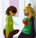  anthro blonde_hair bodily_fluids bottomwear breasts brown_body brown_hair bulge capreoline cervid clothed clothing deltarune duo enigi09 erection erection_under_clothing female glowing glowing_eyes hair hi_res human imminent_rape inside kris_(deltarune) looking_at_bulge looking_down male male/female mammal monster noelle_holiday pants red_eyes reindeer scared skirt sweat sweater teenager topwear undertale_(series) video_games yellow_body young 