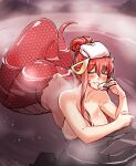  1girl ayanobro blush breasts closed_eyes commission completely_nude cup hair_ornament hairclip highres holding holding_cup jewelry lamia large_breasts miia_(monster_musume) monster_girl monster_musume_no_iru_nichijou nude onsen partially_submerged red_hair ring scales smile solo towel towel_on_head wedding_band 