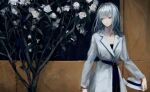  1girl 7ife absurdres bangs black_shirt blue_eyes closed_mouth coat collarbone commentary earrings english_commentary flower grey_coat grey_hair highres jewelry long_hair long_sleeves original shirt solo tree upper_body white_flower 