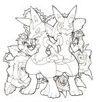  2boys animal_ears animal_feet animal_hands body_fur closed_mouth commentary_request eye_contact flower full_body furry furry_male greyscale hand_up highres holding holding_flower izumi_asuka lineart locked_arms looking_at_another looking_to_the_side lucario male_focus monochrome multiple_boys open_mouth pokemon pokemon_(creature) rose snout spikes standing sweat tail thorns wolf_boy wolf_ears wolf_tail yaoi 