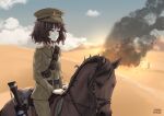 1girl akiyama_yukari artist_name belt black_belt blue_sky brown_eyes brown_hair closed_mouth cloud cloudy_sky commentary commission dated day desert english_commentary epaulettes frown girls_und_panzer green_jacket green_pants gun half-closed_eyes hat horizon horse horseback_riding jacket long_sleeves looking_to_the_side messy_hair military military_hat military_uniform nyaxxy outdoors pants peaked_cap pouch riding rifle sam_browne_belt short_hair signature sky smoke solo uniform weapon world_war_i 