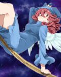  1girl absurdres angel_wings arm_rest blue_headwear blue_robe breasts broom comet duel_monster dutch_angle flying hand_on_own_head hat highres looking_at_viewer medium_breasts night night_sky red_eyes red_hair robe sitting sky smile solo star_(sky) starry_sky tahira_ureka wee_witch&#039;s_appentice wings witch witch_hat yu-gi-oh! 