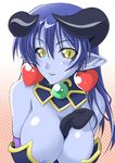  areola_slip areolae astaroth_(shinrabanshou) bent_over between_breasts black_sclera blue_hair blue_skin breasts cleavage earrings hanging_breasts heart heart_earrings horns jewelry large_breasts long_hair looking_at_viewer naturalton pointy_ears sexually_suggestive shinrabanshou solo tail yellow_eyes 