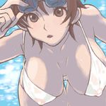  amaha_masane artist_request bent_over bikini breasts breasts_apart brown_eyes brown_hair covered_nipples hanging_breasts huge_breasts lowres see-through solo swimsuit witchblade 