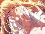  1girl assertive blonde_hair breasts censored cowgirl_position game_cg girl_on_top hair_tubes happy_sex hetero jpeg_artifacts komatsu_eiji long_hair long_sleeves looking_at_viewer majokko_a_la_mode_2 mariemaia_glory medium_breasts mosaic_censoring no_bra open_clothes open_shirt penis pov sex shirt smile solo_focus straddling twintails vaginal 