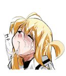  ahoge arisa_bannings artist_request bangs blonde_hair closed_eyes closed_mouth cum cum_in_mouth cum_on_hair cum_string eyebrows_visible_through_hair face facial hair_between_eyes hetero long_hair lowres lyrical_nanoha mahou_shoujo_lyrical_nanoha school_uniform seishou_elementary_school_uniform solo_focus two_side_up white_background 