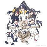 6+girls :d animal_ear_fluff animal_ears bird black_eyes black_hair blonde_hair bow bowtie cat_ears commentary_request dated elbow_gloves emperor_penguin_(kemono_friends) fang food gentoo_penguin_(kemono_friends) gloves grape-kun hair_over_one_eye hand_holding headphones hood hood_down hooded_jacket humboldt_penguin humboldt_penguin_(kemono_friends) jacket japari_bun kemono_friends korean_commentary long_hair looking_at_viewer margay_(kemono_friends) margay_print mouth_hold multicolored_hair multiple_girls one_knee open_mouth outstretched_arms penguin photo-referenced pink_eyes pose print_gloves print_legwear print_neckwear print_skirt red_eyes rockhopper_penguin_(kemono_friends) roonhee royal_penguin_(kemono_friends) shirt short_hair simple_background skirt sleeveless sleeveless_shirt smile spread_arms thighhighs white_background white_hair white_legwear yellow_eyes 