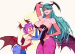  2girls animal_print bare_shoulders bat_print bat_wings blush breasts bridal_gauntlets cleavage demon_girl flat_chest gloves green_hair head_wings leotard lilith_aensland long_hair looking_at_viewer morrigan_aensland multiple_girls pantyhose print_legwear purple_hair red_leotard short_hair smile snegovski sweat vampire_(game) watermark wings 