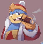  anthro avian beak bird blue_body blue_eyes blue_feathers cigar clothing feathers grin hat headgear headwear hi_res king king_dedede kirby_(series) male nintendo penguin robe royalty smile smoking solo st637 video_games 