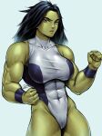  1girl abs absurdres black_hair clenched_hands colored_skin green_skin highres leotard long_hair marvel muscular muscular_female she-hulk speedl00ver toned white_background 