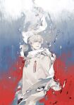  1boy axis_powers_hetalia blood broken burn_mark coat crack eteru flag highres holding holding_star long_sleeves looking_at_viewer male_focus medal parted_lips red_star russia_(hetalia) russian_flag scarf solo star_(symbol) torn_scarf upper_body white_coat white_eyes white_hair white_scarf 