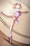  action_pose anthro ballet ballet_leotard breasts brown_body brown_fur clothing dance_shoes dancewear female footwear fur hair hi_res kittell_(artist) lagomorph leotard leporid mammal navel_outline pointe_shoes pose rabbit red_eyes red_hair shoes solo upskirt 