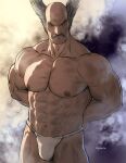  1boy abs artist_name bara biceps broad_shoulders facial_hair frown fundoshi grey_hair hand_on_back highres hydaria japanese_clothes large_pectorals looking_at_viewer male_focus male_underwear manly mature_male mishima_heihachi muscular muscular_male mustache navel nipples no_pants pectorals spiked_hair tekken thick_arms topless_male underwear 