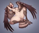  2022 anthro avian beak bird black_beak breasts brown_eyes danomil digital_media_(artwork) eyebrows eyelashes feathered_wings feathers featureless_breasts featureless_crotch feet female looking_at_viewer non-mammal_breasts nude simple_background smile solo toes wings 