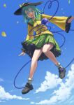  1girl :d ater9 black_footwear black_headwear closed_eyes cloud floating green_eyes green_hair hat highres komeiji_koishi leaf leg_up looking_down open_mouth skirt sky smile solo tears third_eye touhou 