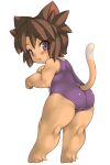  1girl animal_ears bangs bare_shoulders blush brown_fur brown_hair character_request commentary_request copyright_request dot_nose eyebrows_visible_through_hair from_side full_body furry hair_between_eyes looking_at_viewer looking_to_the_side medium_hair ohgaki_m one-piece_swimsuit open_mouth paw_pose purple_eyes purple_swimsuit simple_background solo swimsuit tail thick_thighs thighs white_background 