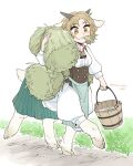  1girl absurdres animal_ears apron bell blue_apron blue_skirt brown_vest bucket bucket_of_water centauroid cowbell full_body goat_ears goat_girl goat_horns grass highres holding holding_bucket hooves horns light_brown_eyes light_brown_hair long_sleeves monster_girl mouth_hold neck_bell original pleated_skirt puffy_long_sleeves puffy_sleeves short_hair skirt solo stalk_in_mouth taur twitter_username vest walking wheat white_background white_fur yamanobe_saya 